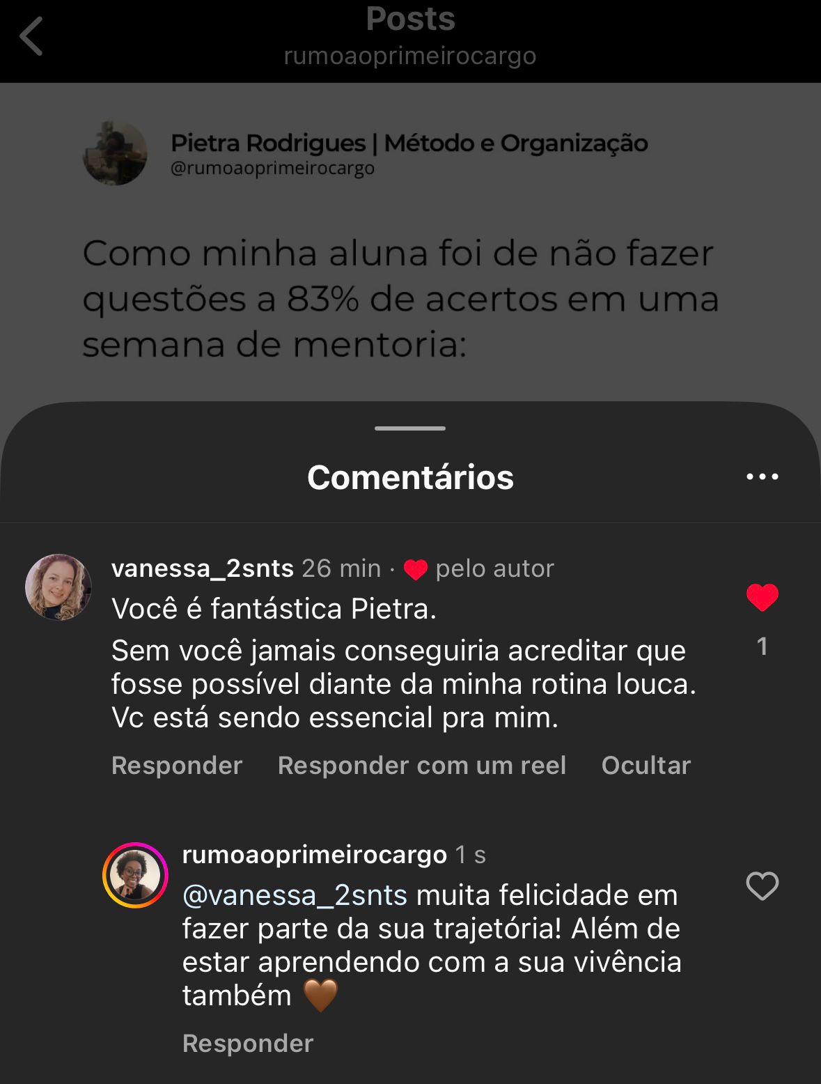 Mensagem de uma aluna sobre o método